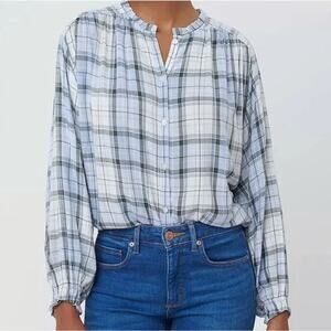 NWT LOFT Ann Taylor Blue Plaid Ruffle Trim Relaxed Button Down Top SZ M